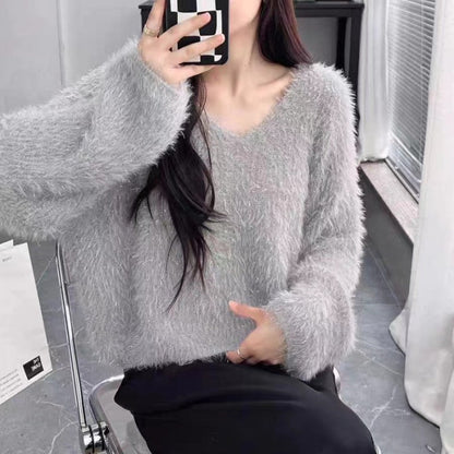 Damen Pullover V-Ausschnitt Flausch langarm Glitzer Eveloria