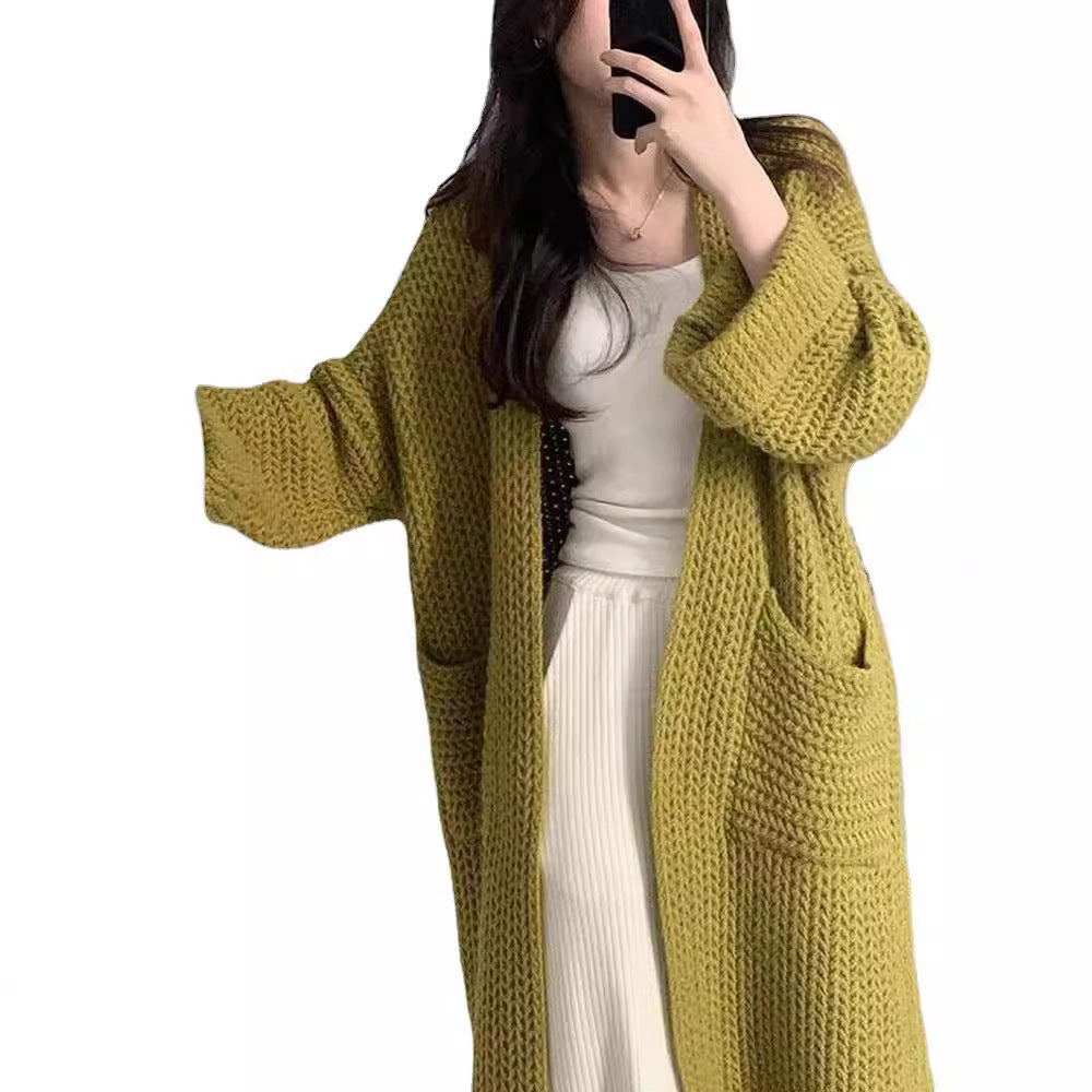 Damen Cardigan Grobstrick Offene Taschen Lässig Beige