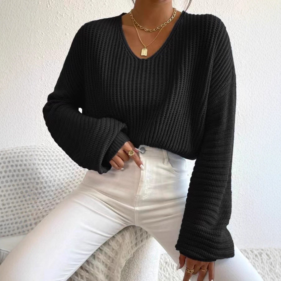 Damen Strickpullover Luftiger V-Ausschnitt Langer Ärmel Beige