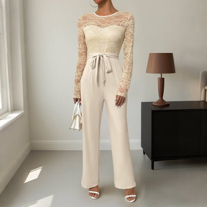Damen Jumpsuit Spitzenoberteil Taillengürtel Eveloria