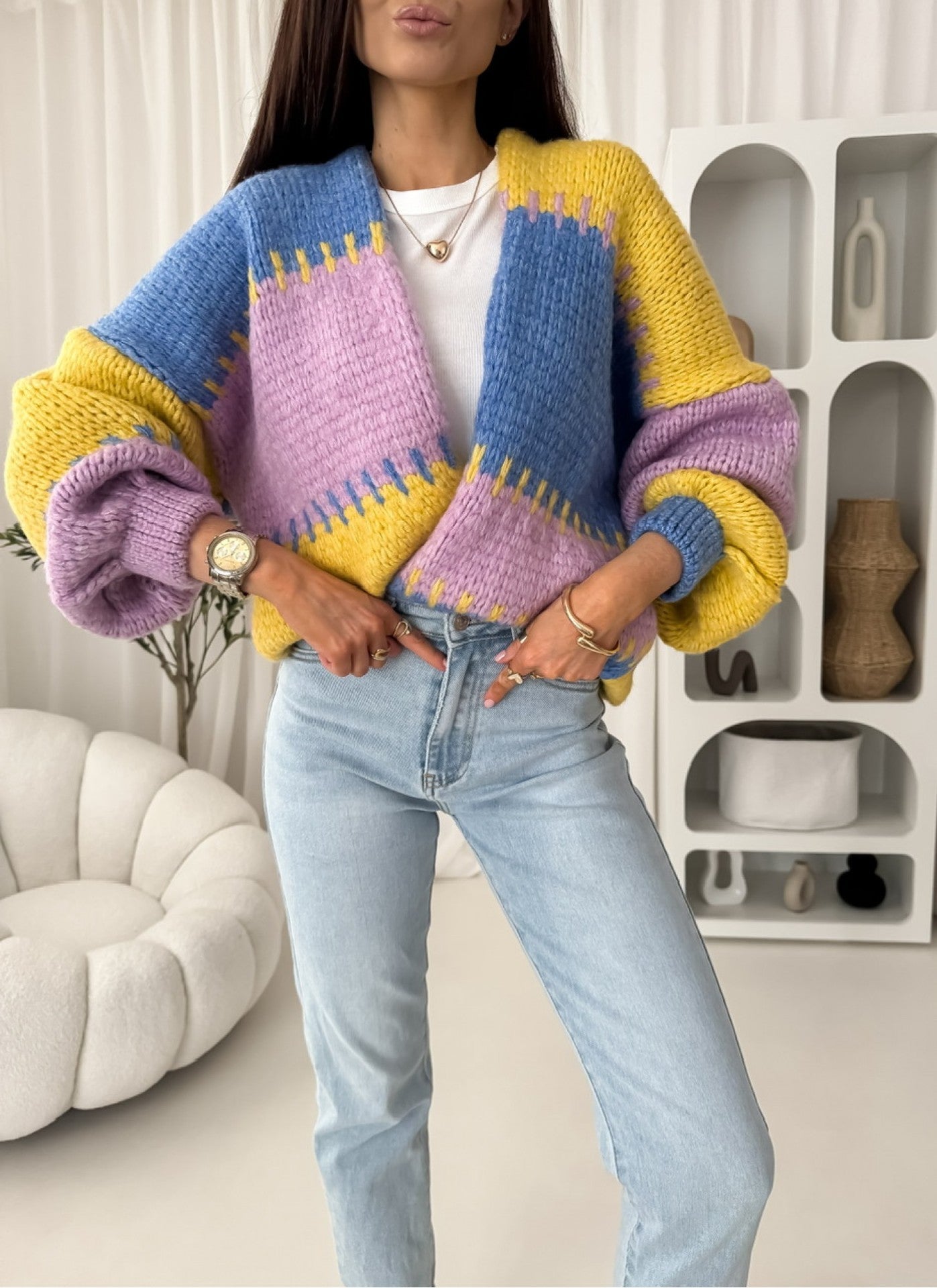 Damen Strickjacke Voluminöse Ärmel Geometrisches Muster