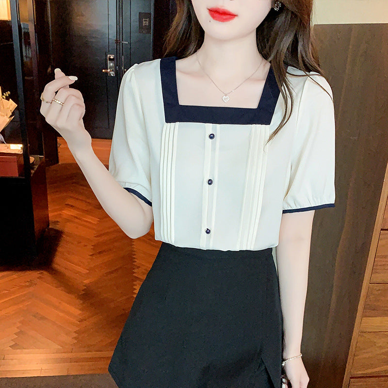 Damen Bluse mit Plissee-Details und Kontrastakzenten Eveloria