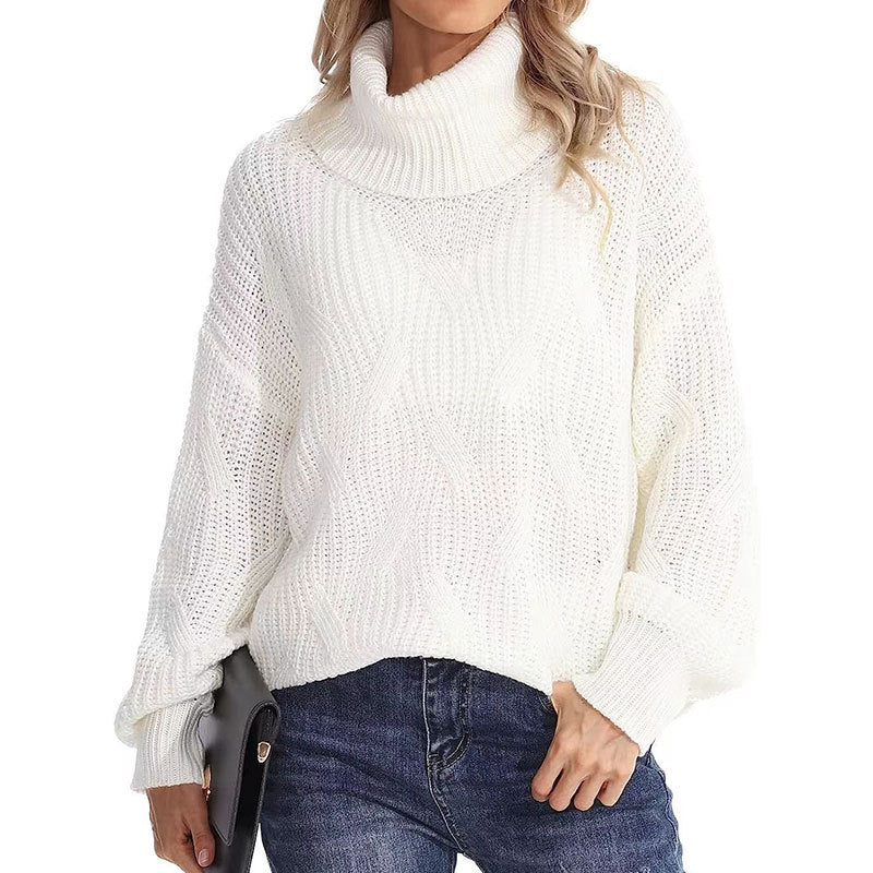 Damen Strickpullover Hochkragen Strukturmaschen Optik