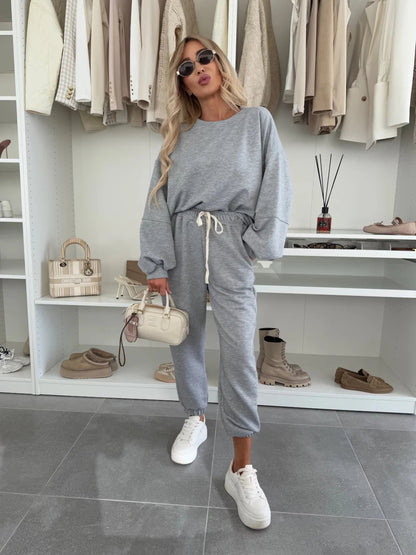 Damen Freizeitset Sweatshirt und Jogginghosen Elastisch Bequem Grau