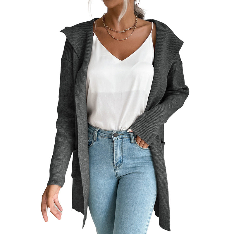 Damen Strickcardigan Lässig Hoher Kragen Offene Vorderseite Beige