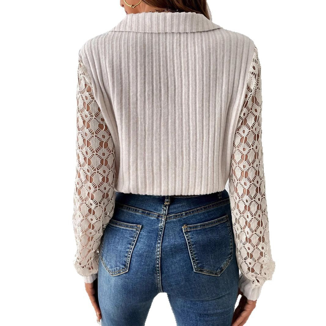Damen Bluse V-Ausschnitt Spitzenärmel Rippstruktur Weiße Eveloria