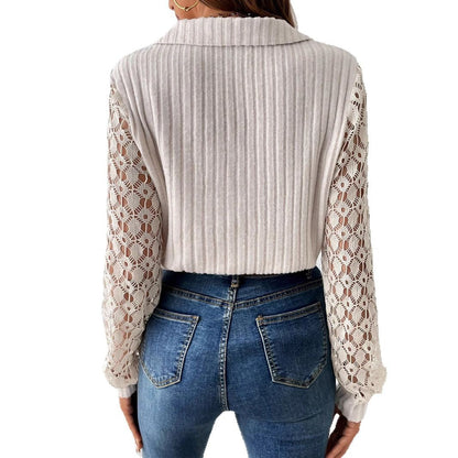 Damen Bluse V-Ausschnitt Spitzenärmel Rippstruktur Weiße Eveloria