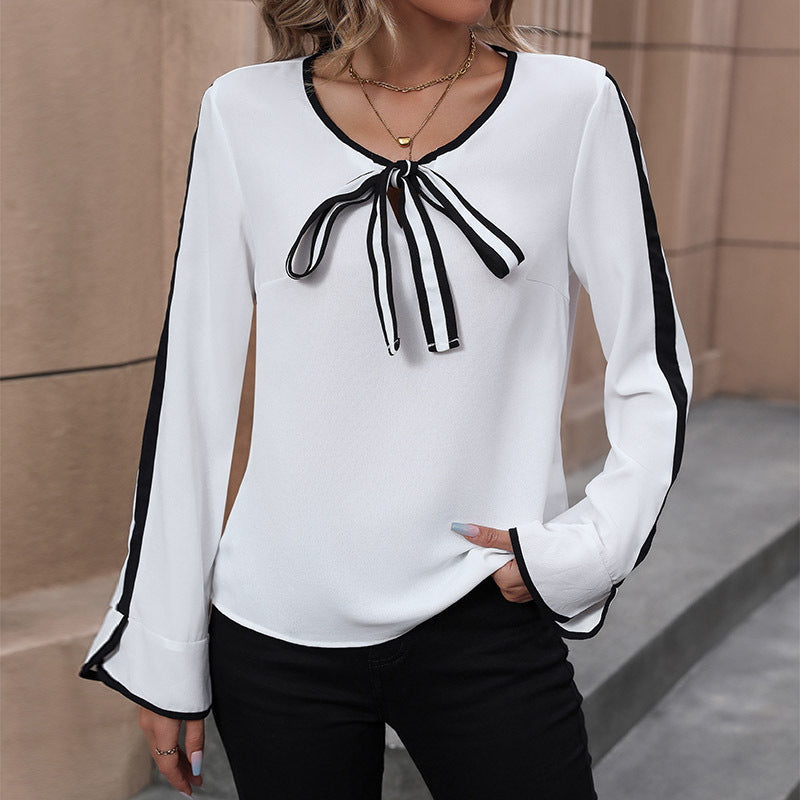 Damen Bluse mit Bindegürtel Gestreifte Ärmel Eveloria - Eveloria