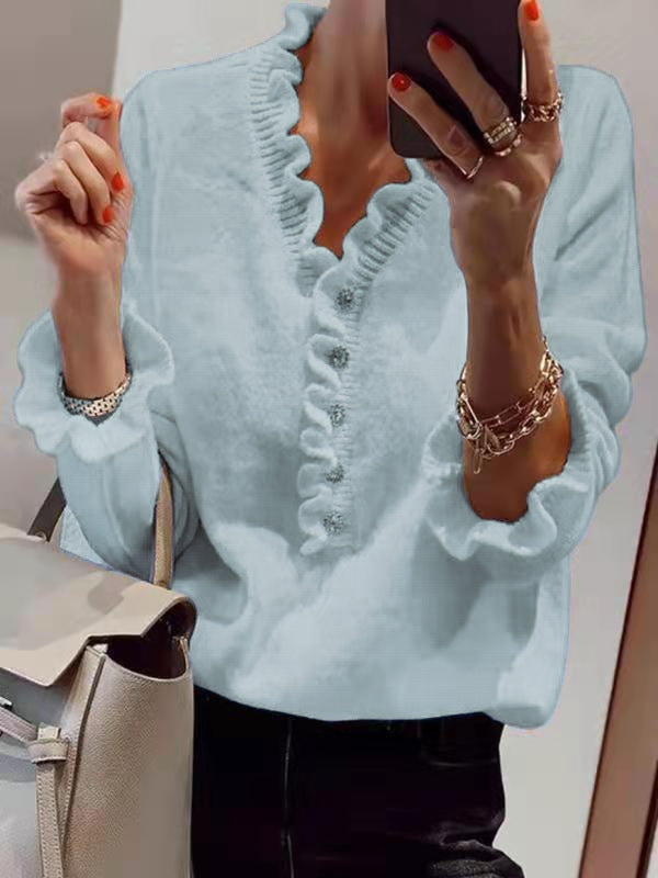 Damen Bluse Rüschendesign Knopfleiste Blume Farbe Weiß