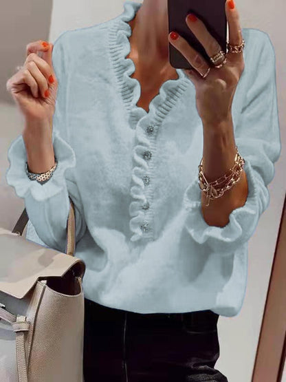 Damen Bluse Rüschendesign Knopfleiste Blume Farbe Weiß