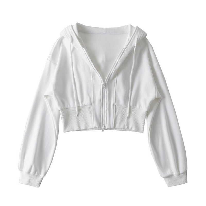 Damen Cropped Kapuzenjacke Elastisch Reißverschluss Schwarz Eveloria - Eveloria