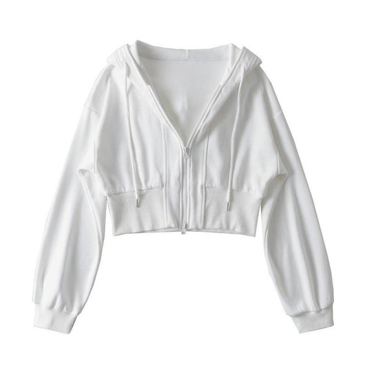 Damen Cropped Kapuzenjacke Elastisch Reißverschluss Schwarz Eveloria - Eveloria