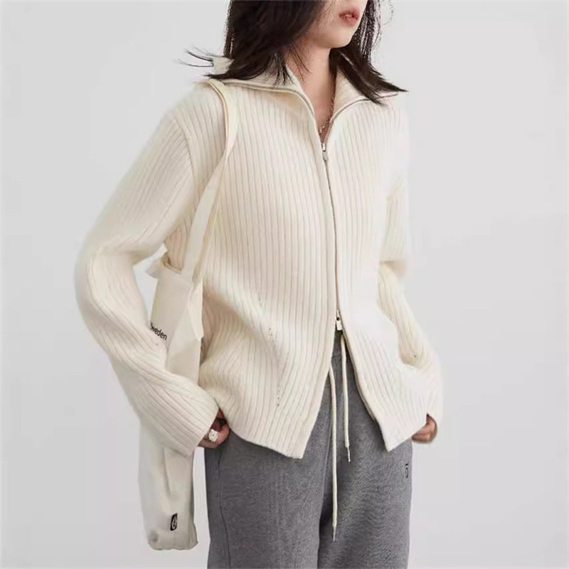 Damen Strickjacke Sportlich Reißverschluss Rippstruktur Eveloria