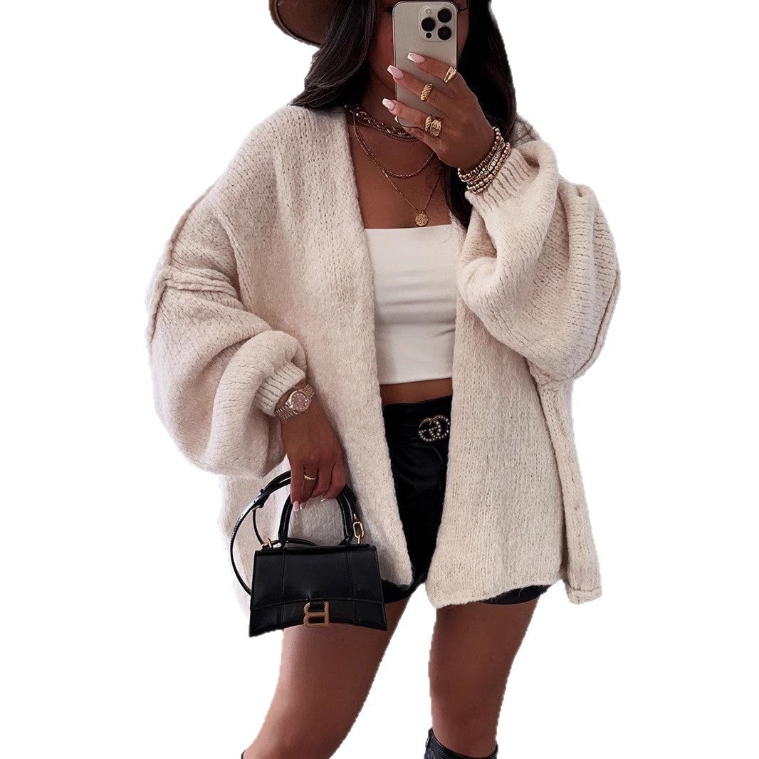 Damen Strickjacke Oversize Voluminöse Ärmel Beige