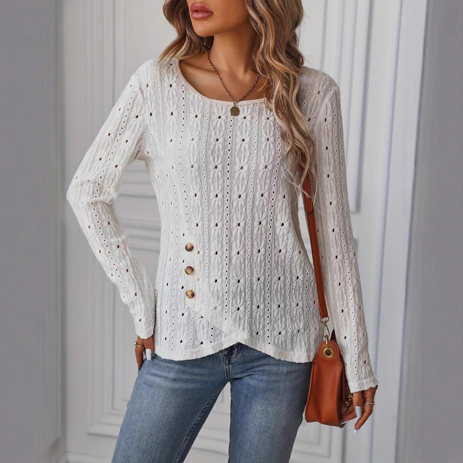 Damen Langarmshirt Dekorative Knöpfe Struktur Eveloria - Eveloria