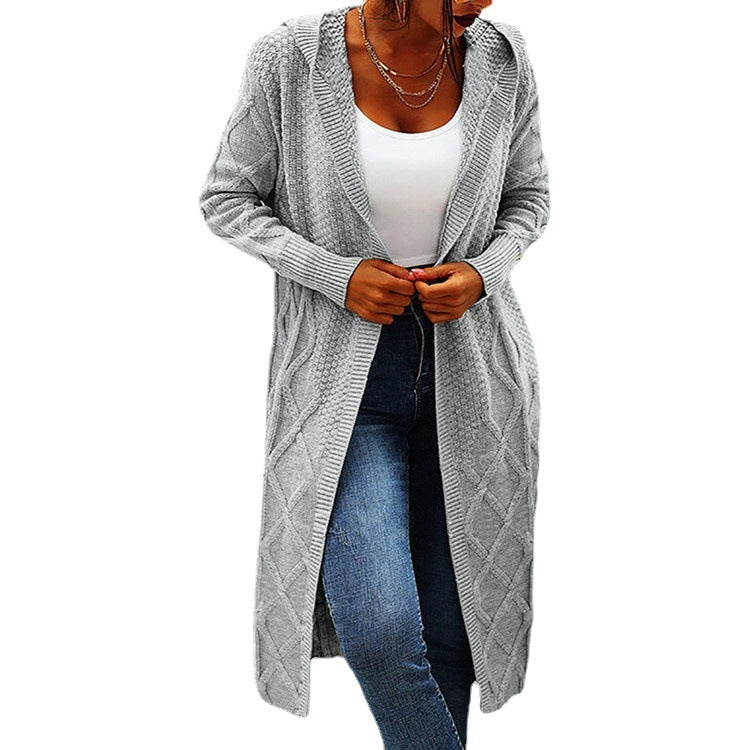 Damen Strickcardigan Lang Hochkragen Zopfmuster Beige