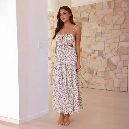 Damen Maxi-Kleid Raffung Spitze Beige