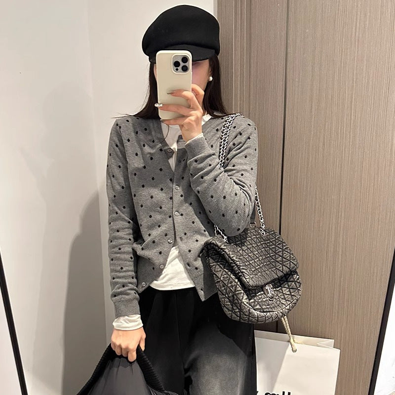 Damen Cardigan Modern Punkte Feine Knöpfe Beige