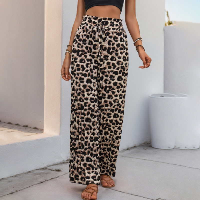 Damen Leinenhose Weit Geschnitten Elastischer Bund Leopardenmuster