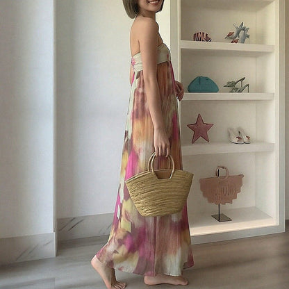 Damen Strandkleid Schulterfrei Floralmuster Lang Eveloria