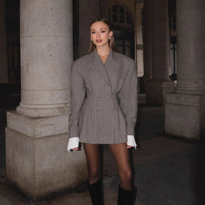Damen Karo Blazer Oversized Doppelter Knopfverschluss