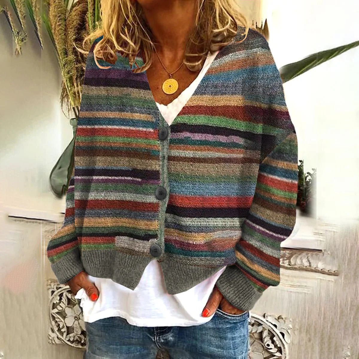 Damen Strickcardigan Bunt Streifen Knöpfe