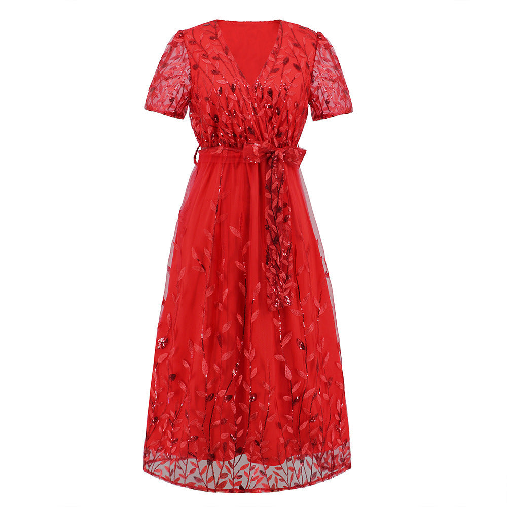 Eveloria Damen Midi Kleid V-Ausschnitt Gürtel Kurzärmelig