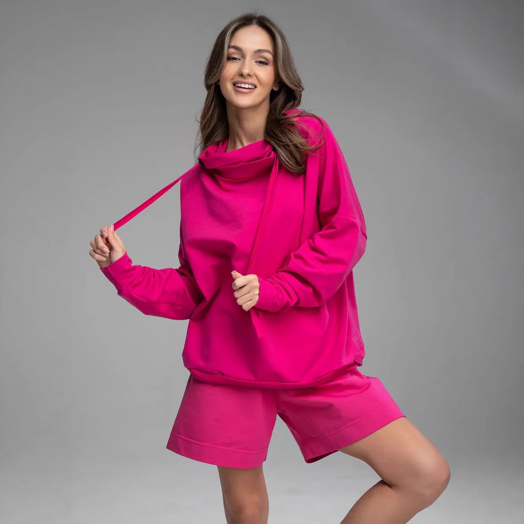 Damen Hoodie Set mit Kängurutasche und Shorts Baumwolle Beige