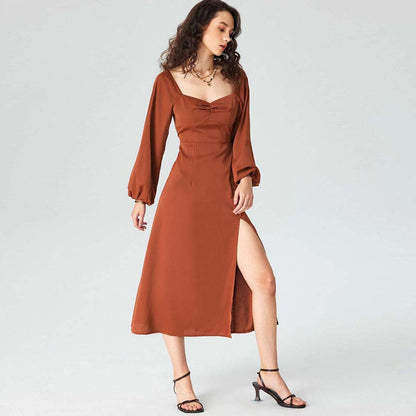 Damen Midi-Kleid Puffärmel Hohem Schlitz Eveloria