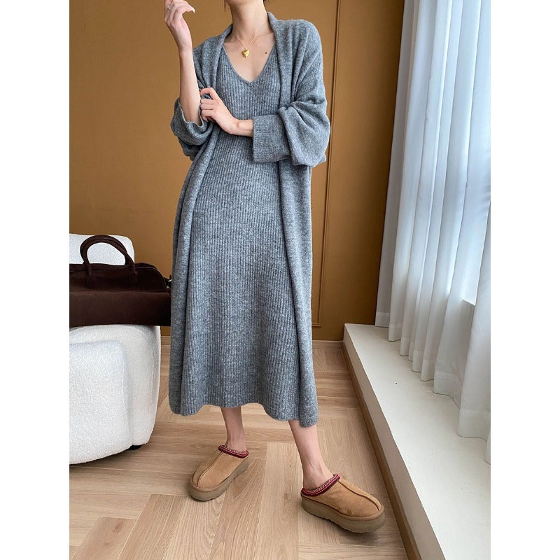 Damen Maxikleid Gestrickt V-Ausschnitt Lässig