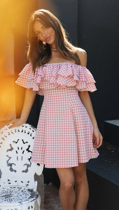 Damen Sommerkleid Schulterfrei Rüschen Karomuster