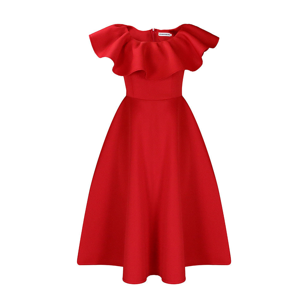Damen Midikleid Tailliert Volant Elegant Eveloria