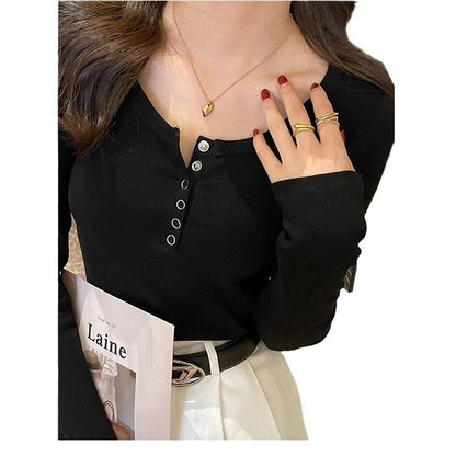 Damen Langarmshirt Rippstruktur Knopfleiste Weiß