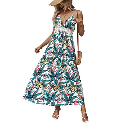 Damen Maxi-Kleid V-Ausschnitt Blumenprint