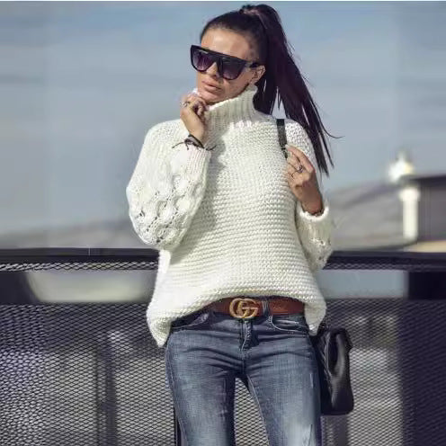 Damen Strickpullover Hochkragen Pompönärmel Eveloria