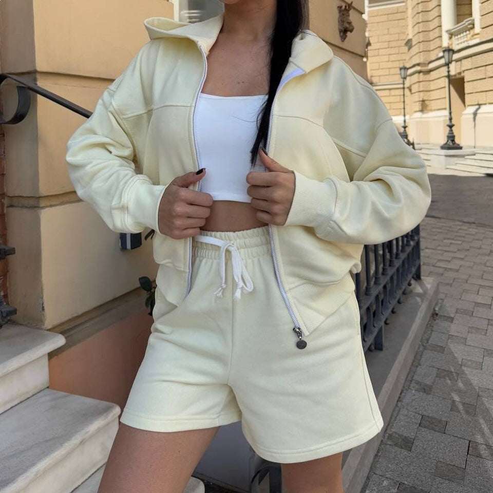 Damen Sportliches Zweiteiler-Set Kurzärmelige Jacke Lässige Shorts