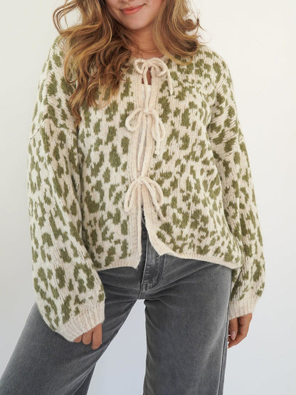Damen Cardigan Tiermuster Elegant Bindebanddetails