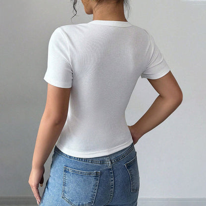 Damen Kurzarmshirt Knöpfe Figurnah Elegant Weiß Eveloria