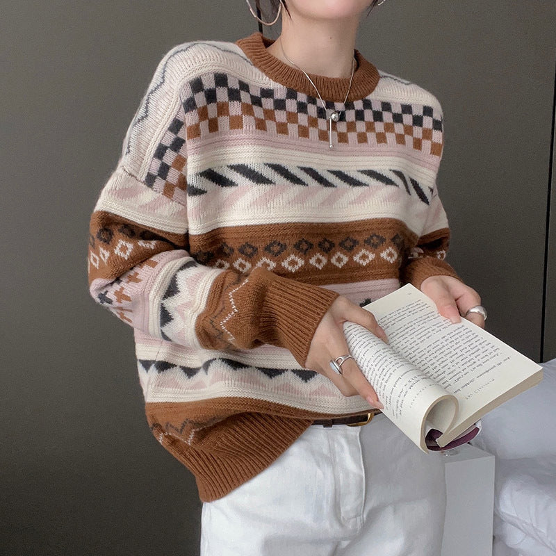 Damen Grobstrickpullover Geometrisches Muster Weit Eveloria