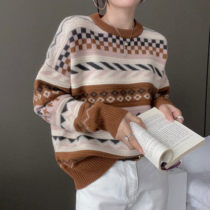 Damen Grobstrickpullover Geometrisches Muster Weit Eveloria