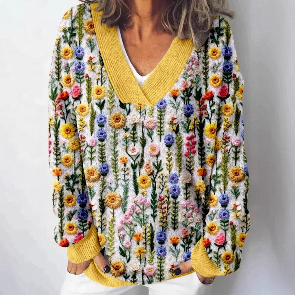Damen Pullover V-Ausschnitt Floralmuster Lässig Eveloria