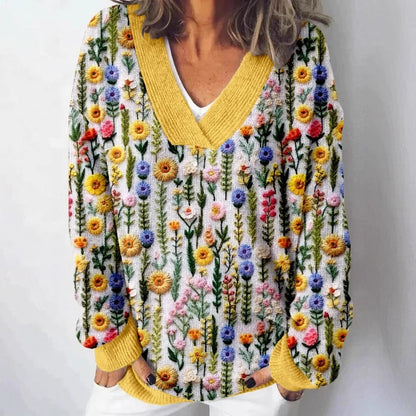 Damen Pullover V-Ausschnitt Floralmuster Lässig Eveloria