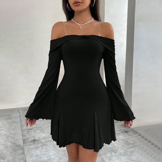 Damen Minikleid Schulterfrei Volantärmel Elegant Schwarz - Eveloria