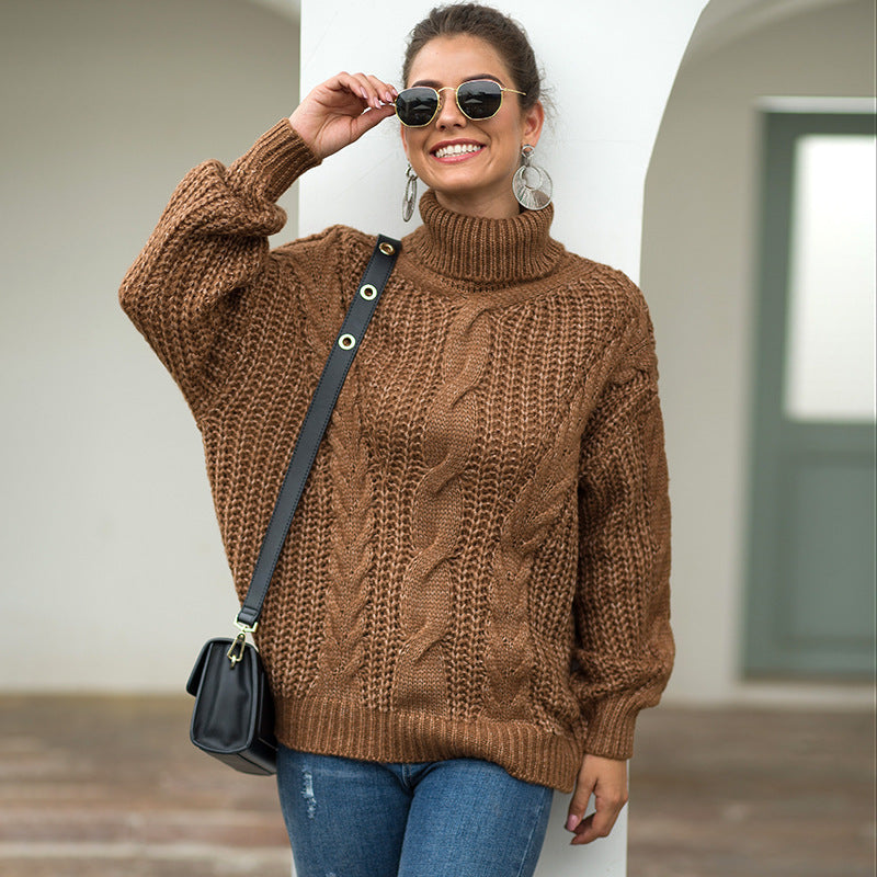 Damen Grobstrickpullover Rollkragen Zopfmuster