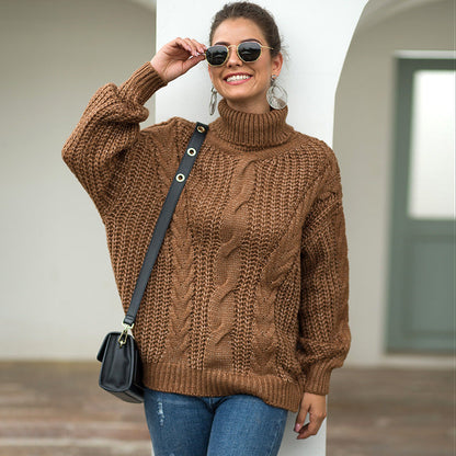 Damen Grobstrickpullover Rollkragen Zopfmuster