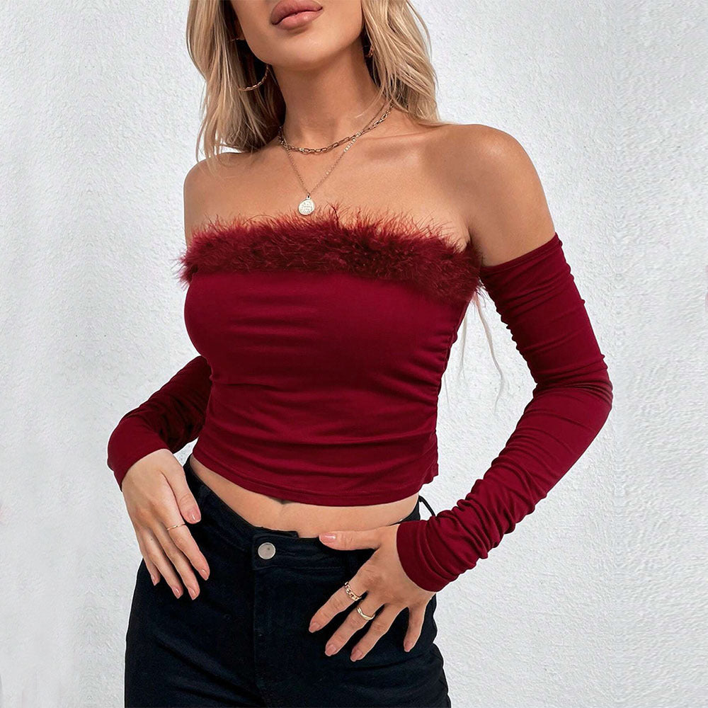 Damen Bluse mit Flausch-Einsatz Elegant Schwarz - Eveloria