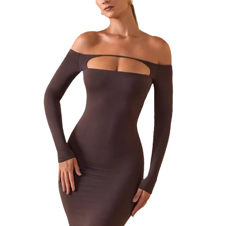 Damen Langarmkleid Figurbetont Cut-Out-Design Schulterfrei