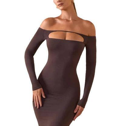 Damen Langarmkleid Figurbetont Cut-Out-Design Schulterfrei