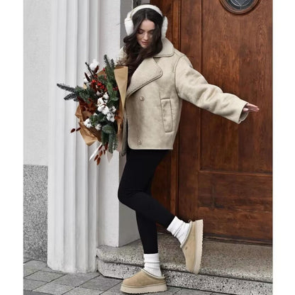 Damen Kuscheljacke Kunstfellkragen Eveloria