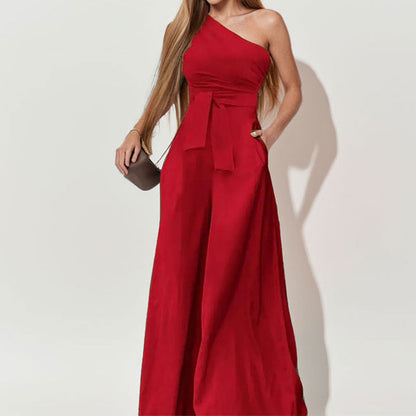 Damen One-Shoulder Jumpsuit Taillengürtel Weite Beine Eveloria